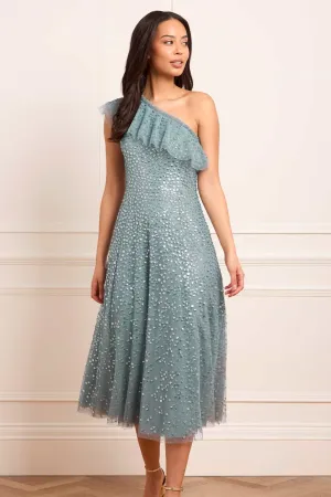 Slim-fit Dappled Sequin One-Shoulder Ballerina Dress