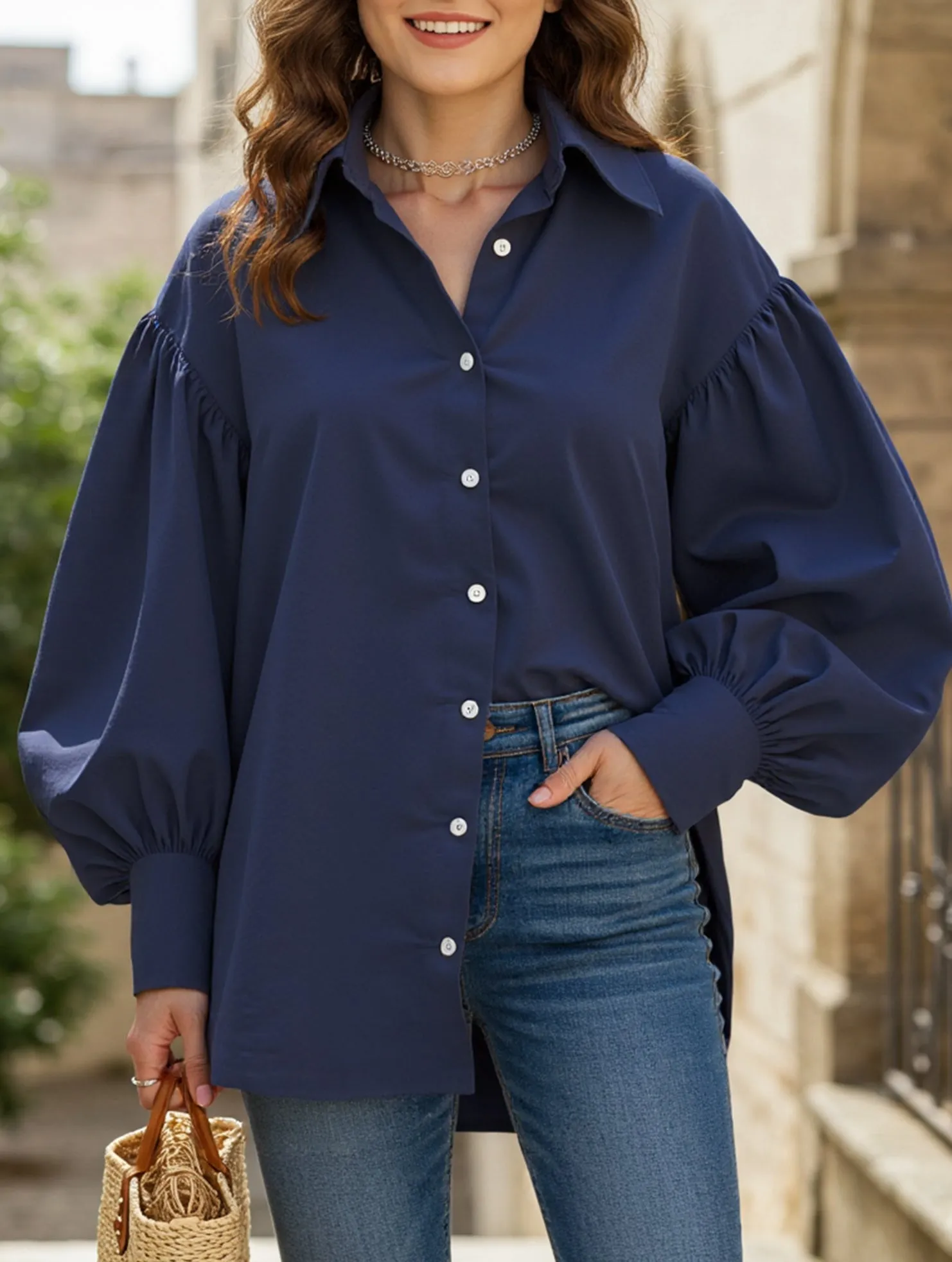 Sandwich Mesh Panel Structure Retro solid color lapel casual shirt