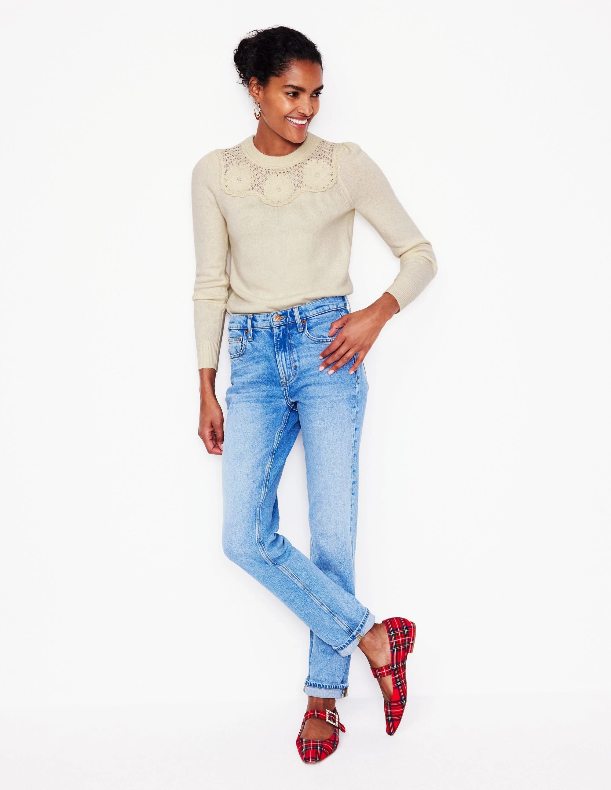 Flower Motif Jumper-Warm Ivory Melange Relax Daily