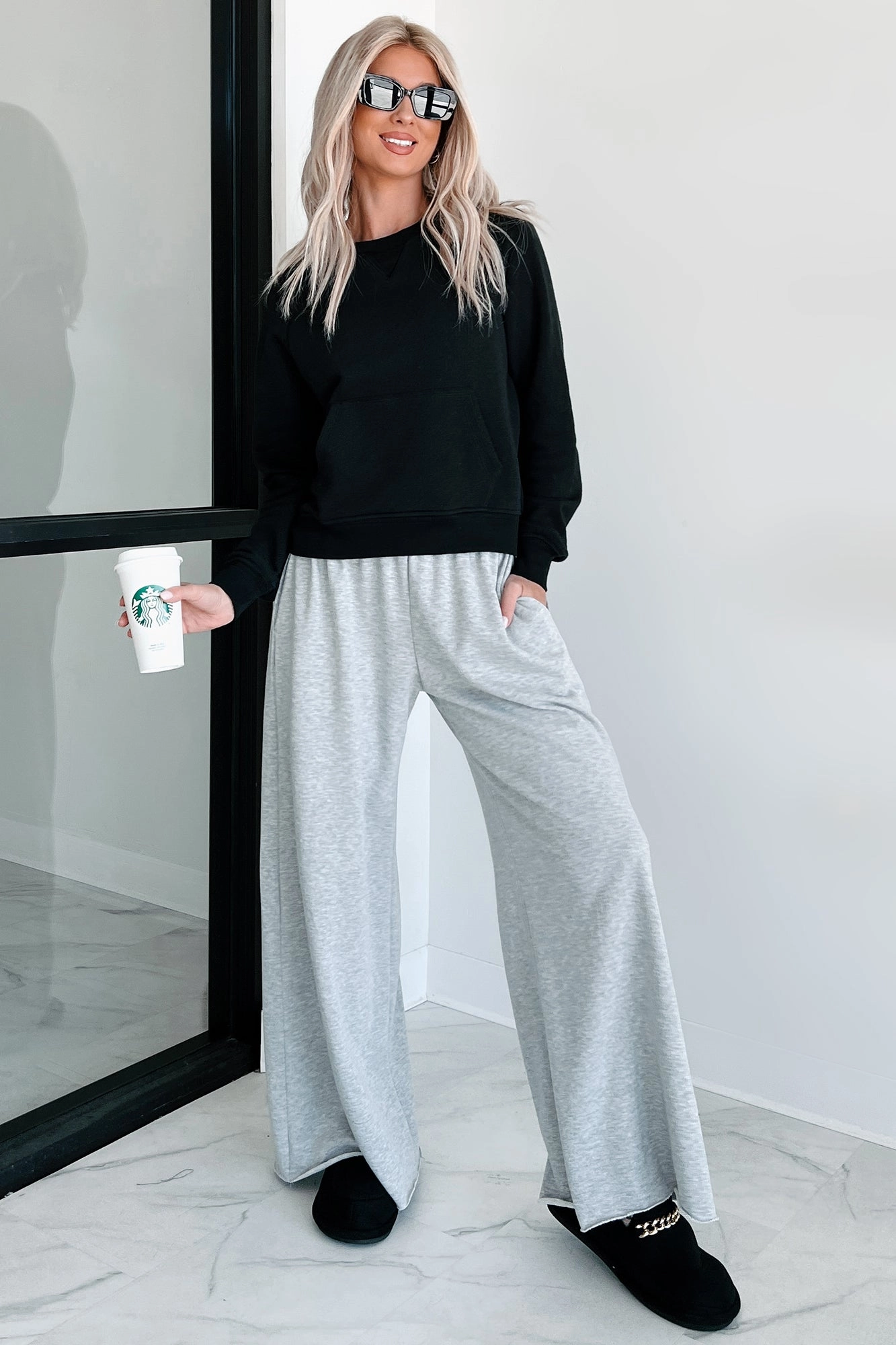 Chasing Relaxation Wide Leg Lounge Pants (Heather Grey) No Ride Up Flat Lock Seams