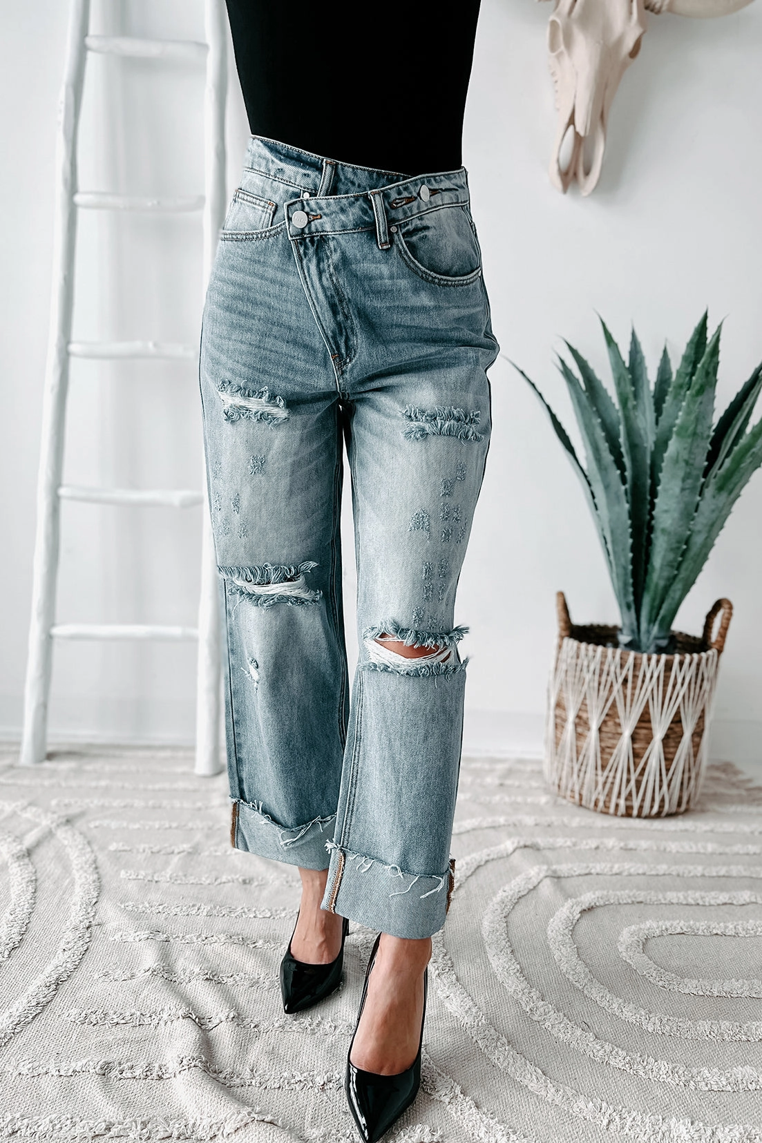 MeshVentilation Aretha High Rise Cross-Over Wide Leg Risen Jeans (Medium)