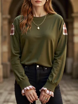 Odor Resistant Material Long Sleeve Polo Plaid Patchwork Crew Neck Pullover Sweatshirt