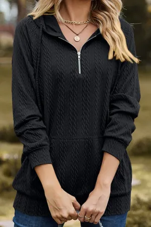 WOMEN LOOSE ZIP UP NECK RIBBED PULLOVER HOODIE Four Way Stretch DurableStitching