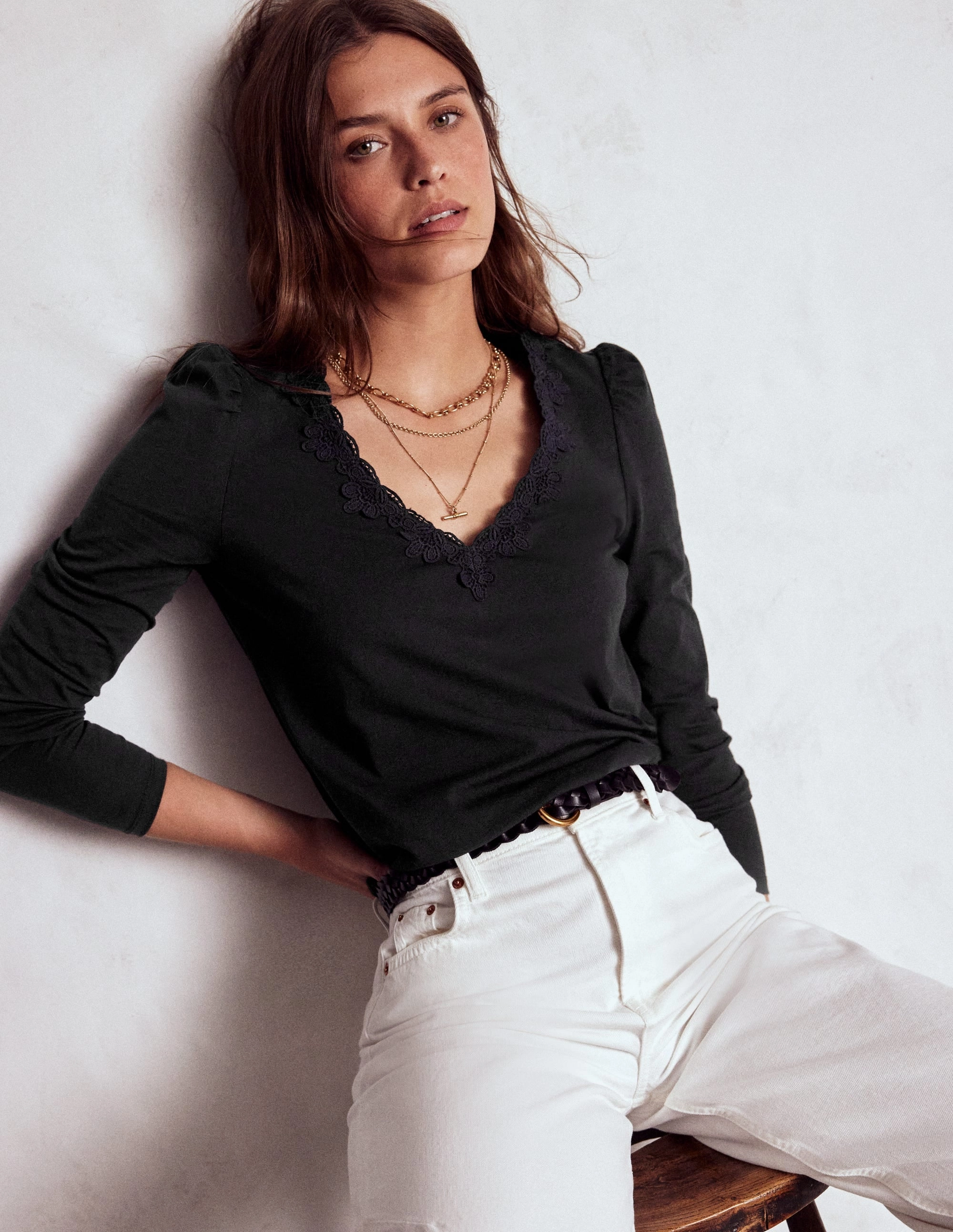 Flora Lace V-neck Top-Black Wind Resistant Fabric
