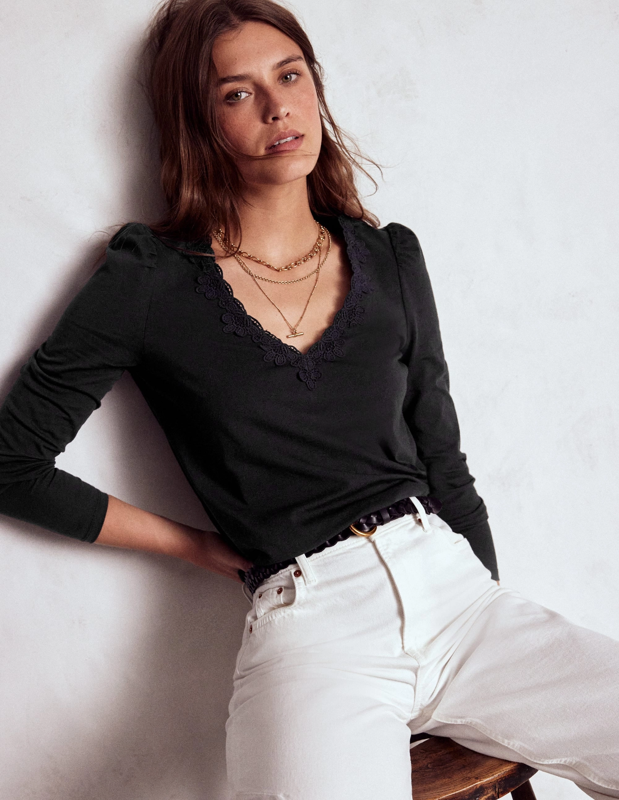 Wicking Inner Lining EasyCareMaterial Flora Lace V-neck Top-Black