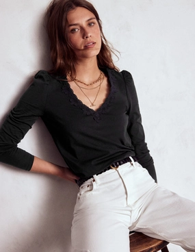 Flora Lace V-neck Top-Black Wind Resistant Fabric
