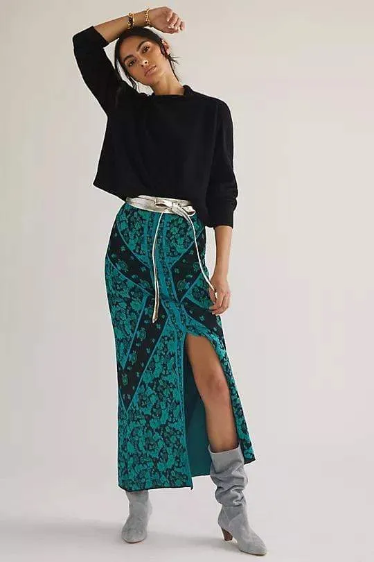 Floral Knit Midi Skirt Print Mix Anti Pilling Treatment