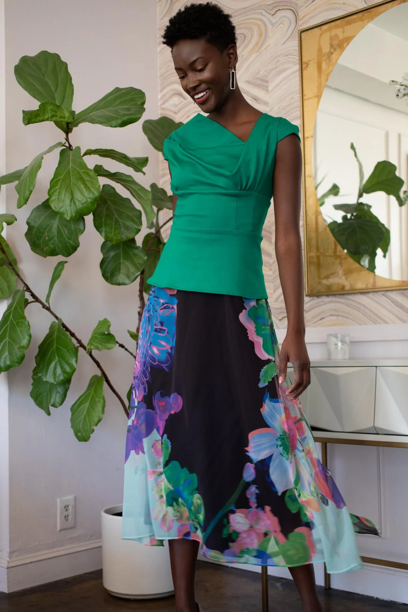 Soft Texture Glossy Texture Floral Midi Skirt - Orchid Bloom