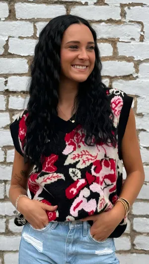 Floral Pattern V-Neck Knit Sweater Vest in Black