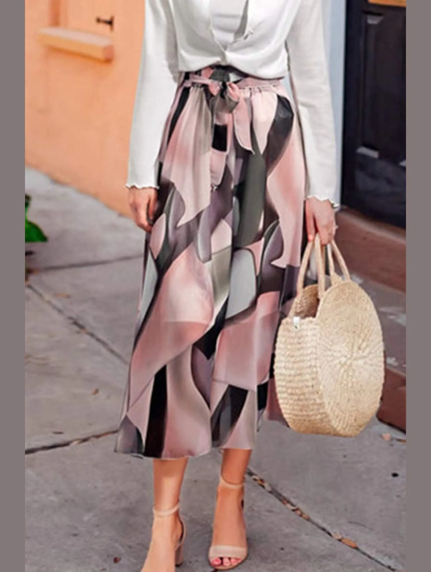 Convertible legs FLORAL PATTERN WAIST TIE CHIFFON MIDI SKIRTS