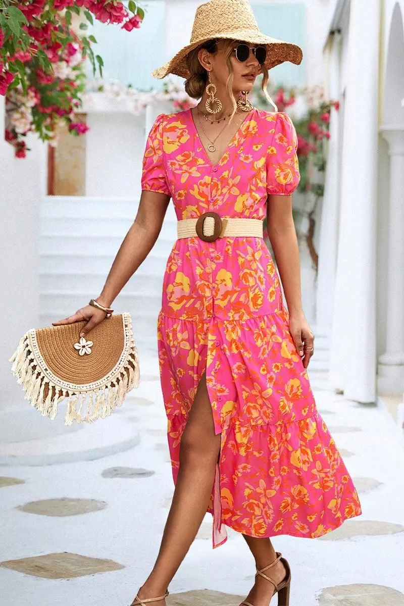 spring fashion Pleat-Front FLORAL PRINTING WOMEN SLIT DRESS