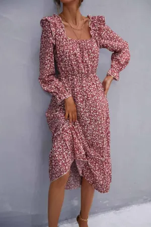 FLORAL SQUARE NECK FRILL SHOULDER DRESS Compact Fit