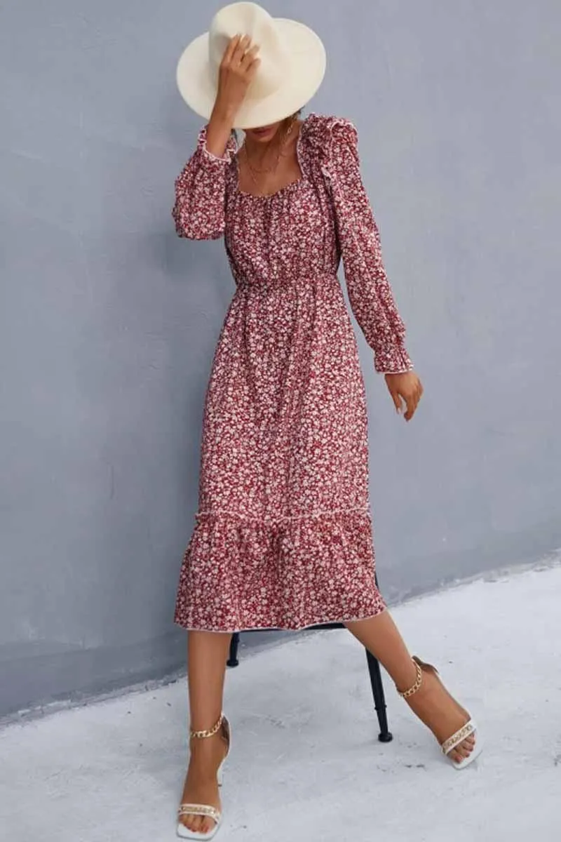FLORAL SQUARE NECK FRILL SHOULDER DRESS Cozy Balance Sleek Layer