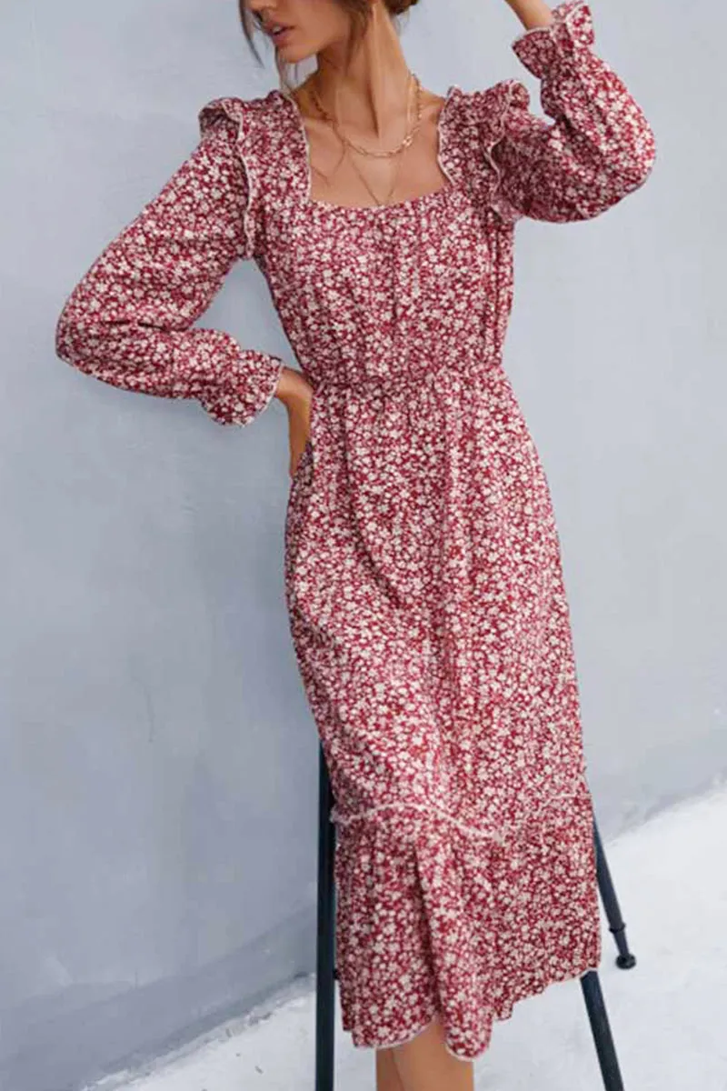 FLORAL SQUARE NECK FRILL SHOULDER DRESS Layered Wear Party Perfect