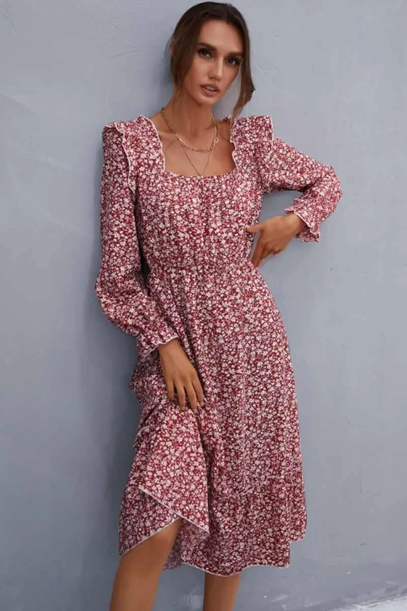 FLORAL SQUARE NECK FRILL SHOULDER DRESS Unlined Look Timeless Fashion