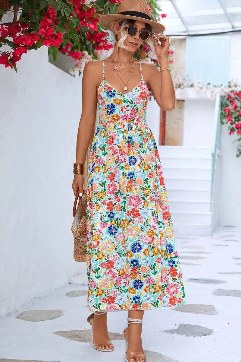 Formal Setting FLORAL V NECK SPAGHETTI STRAP SLIT DRESS