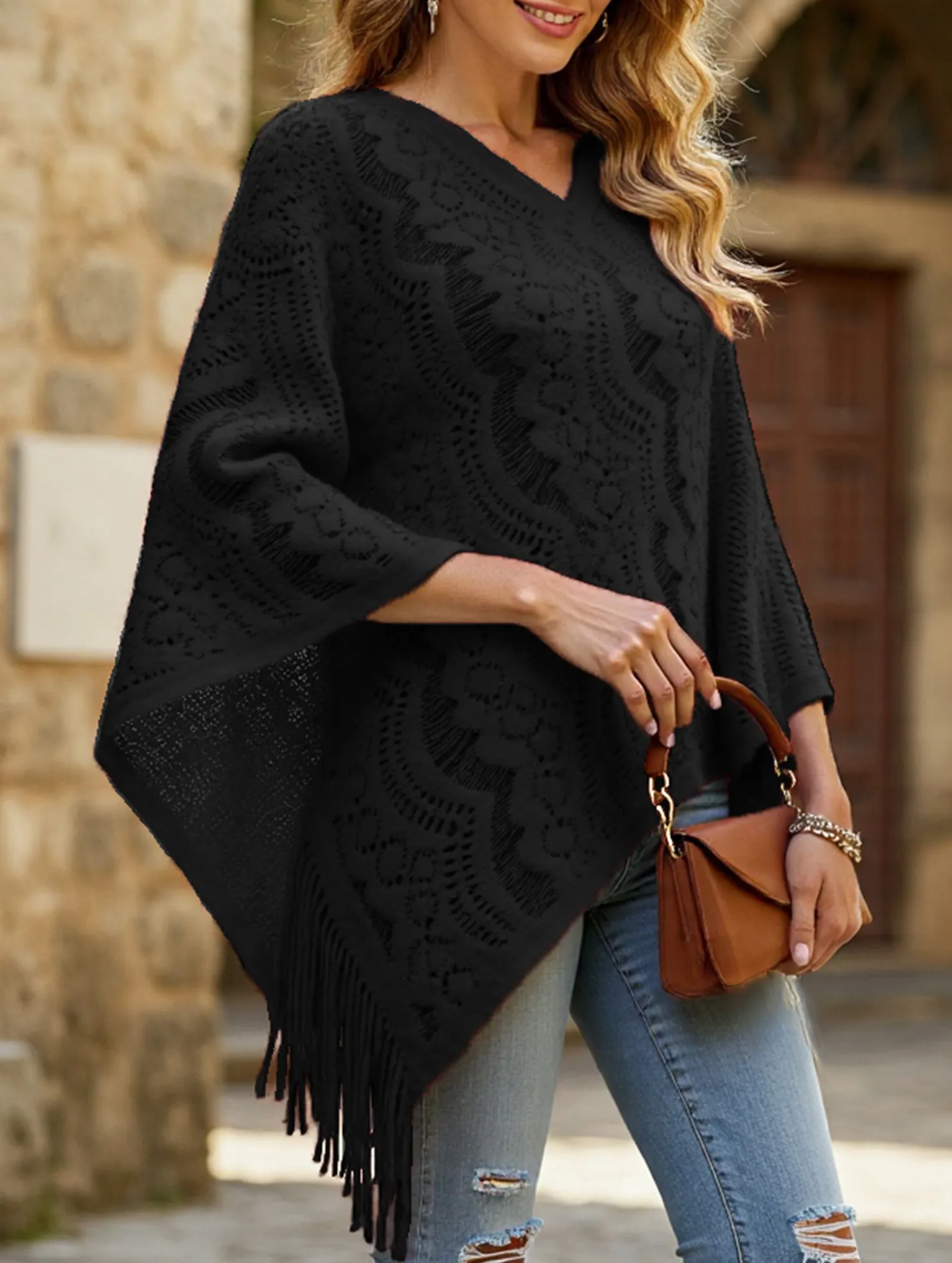 Recycled Material Blend Ribbed collar Flower solid color tassel embroidery shawl