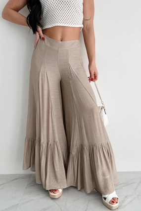 Metallic accents Flower Crown Vibes Sheer Ruffle Wide Leg Pants (Taupe)