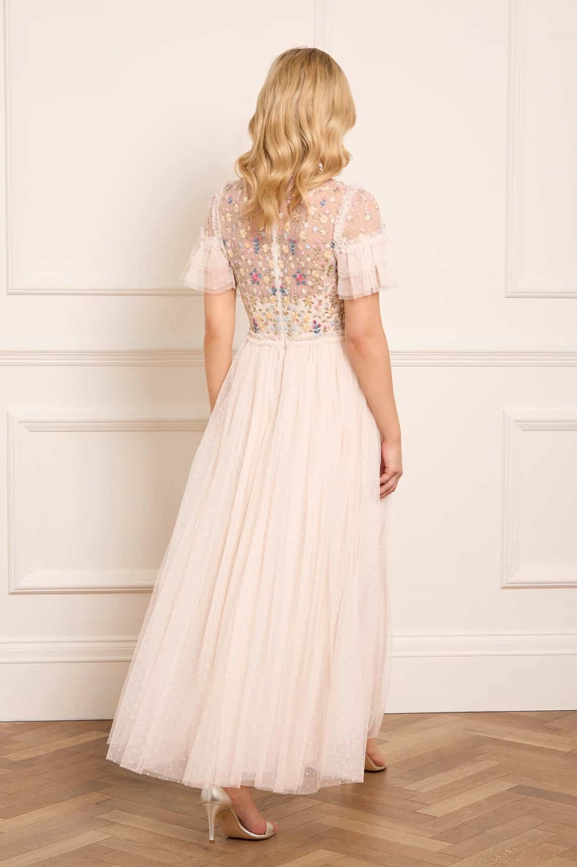 Flowerbed Embroidery Bodice Round Neck Ankle Gown Skin Hug
