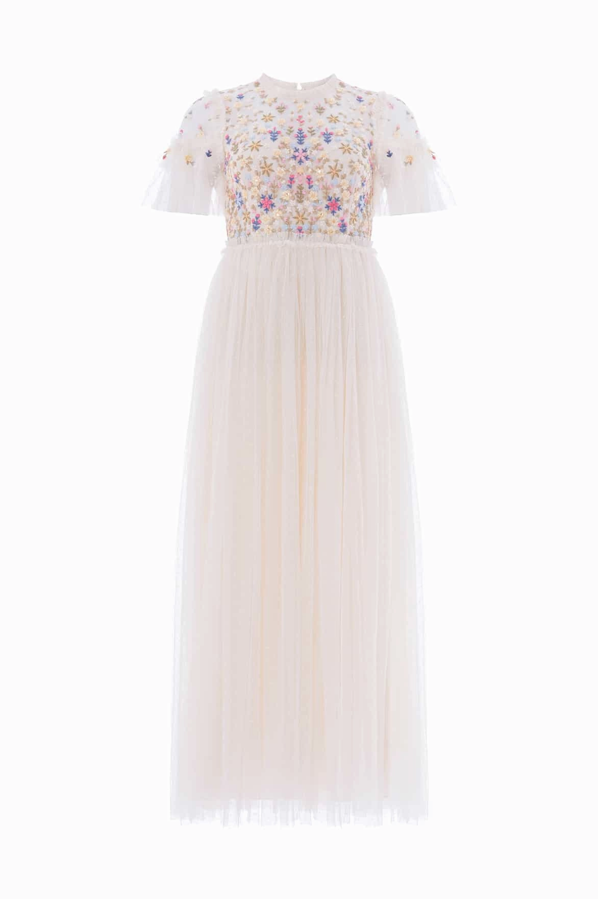 Flowerbed Embroidery Bodice Round Neck Ankle Gown Business casual
