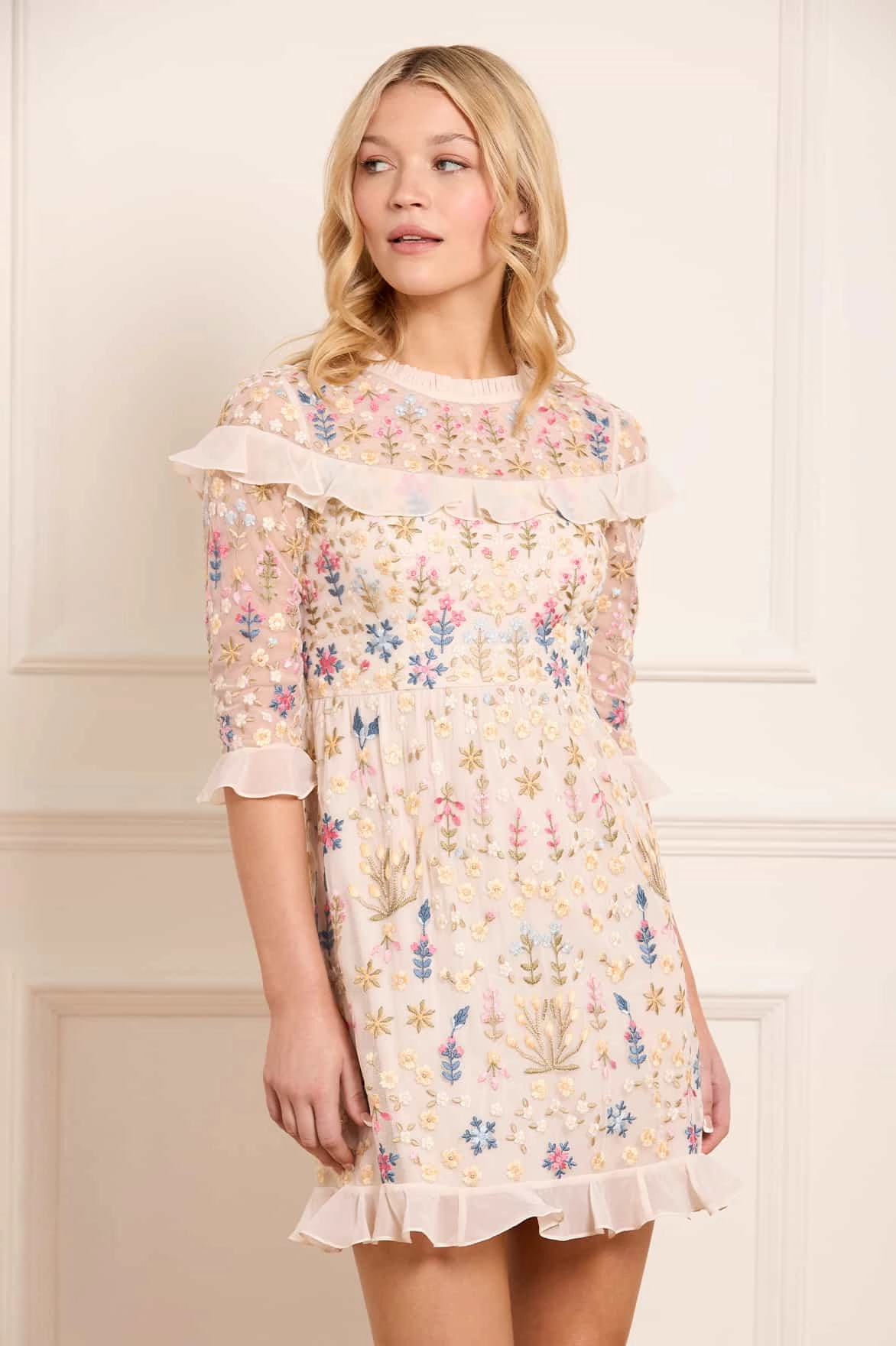Timeless Cut Flowerbed Embroidery Mini Dress