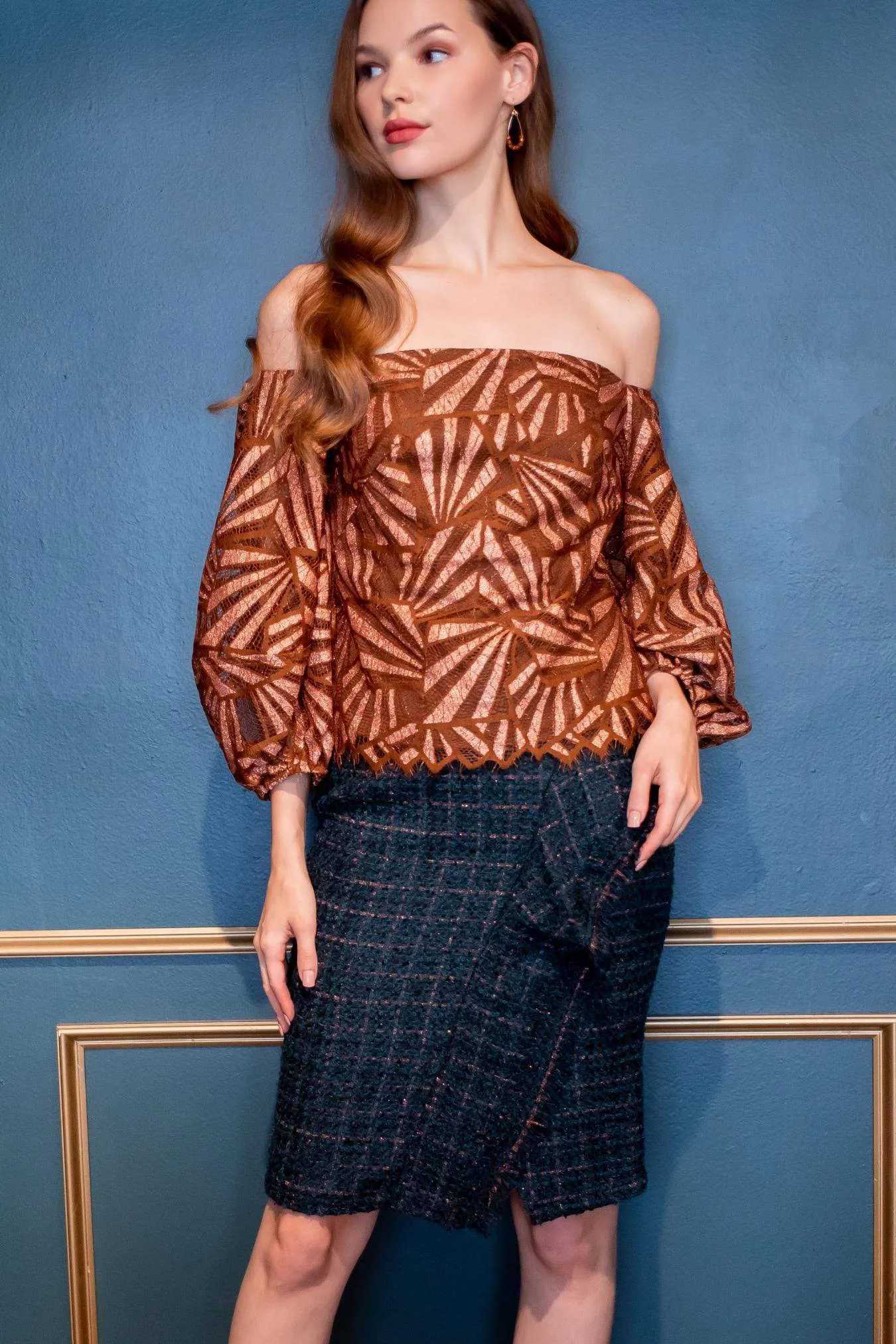 Clean Finish City Wear Copper Teal Tweed Pencil Skirt