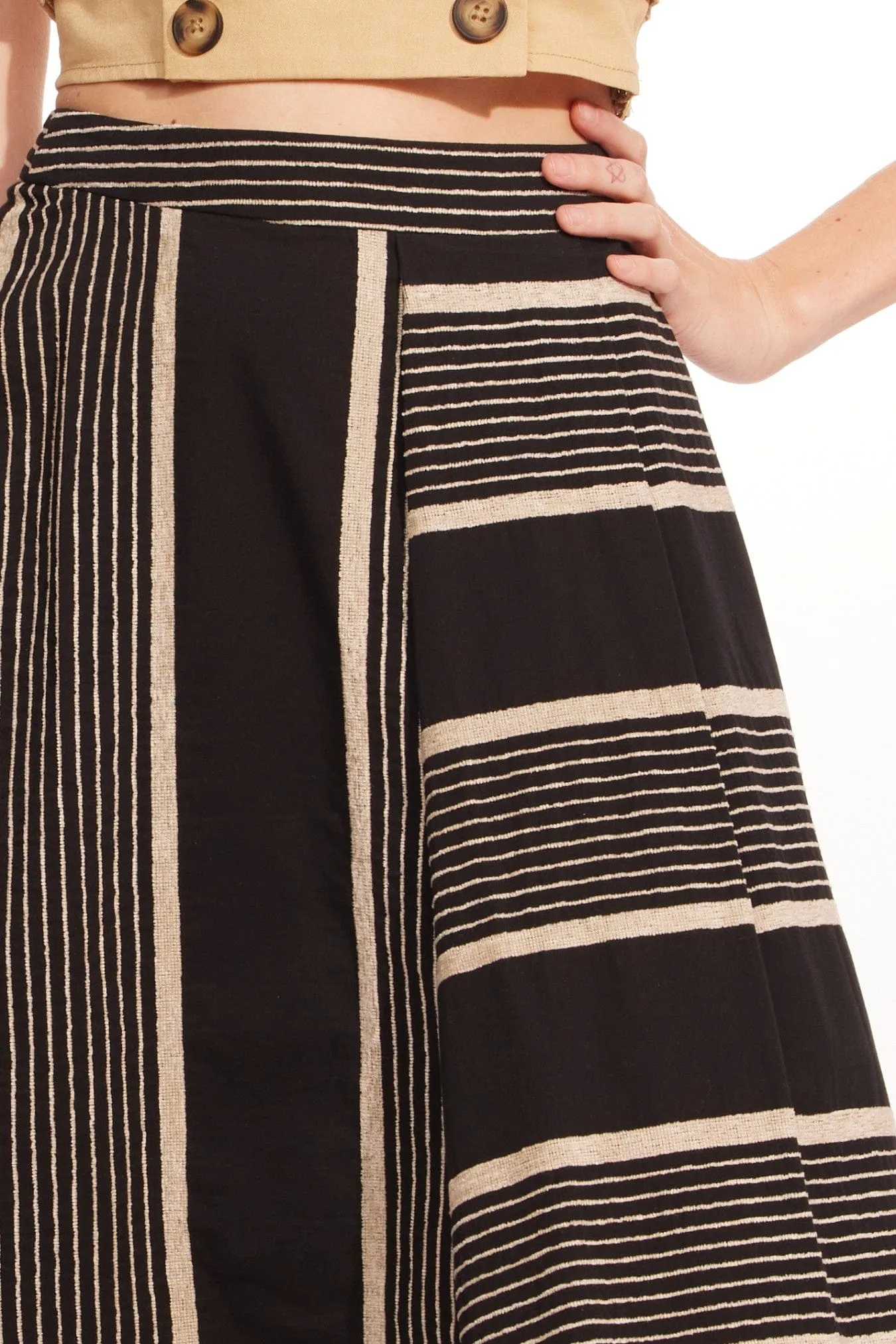 Black and Taupe Stripe Midi Skirt Crisp Edge Elegant Feel