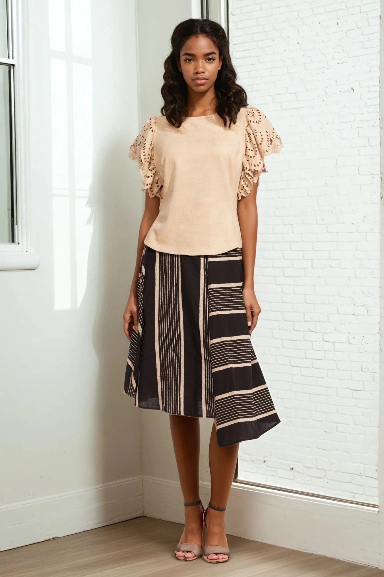 Limited Quantity Black and Taupe Stripe Midi Skirt