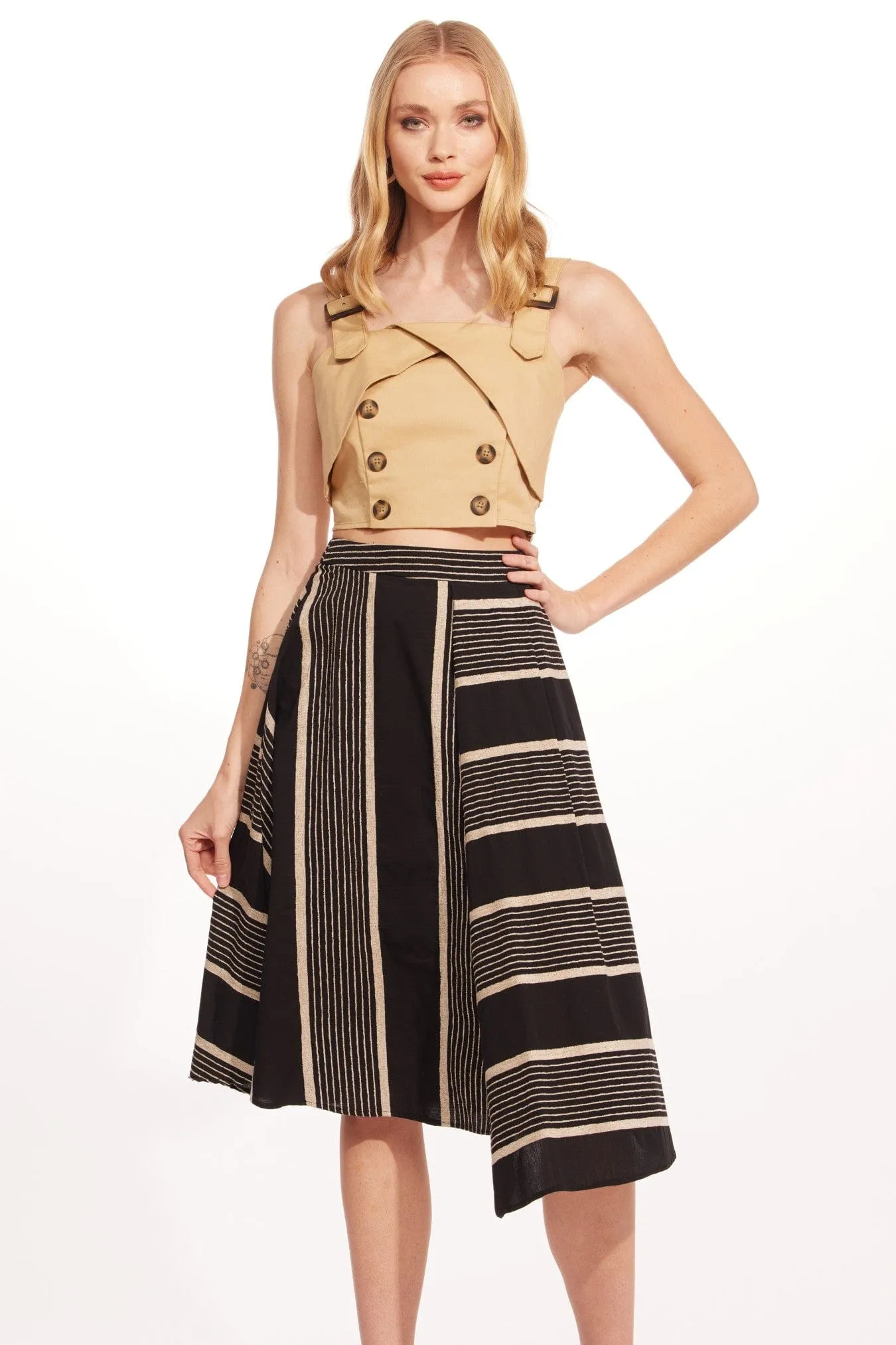 Black and Taupe Stripe Midi Skirt Soft Movement