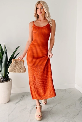 Flowy Dreams Sleeveless Crochet Maxi Dress (Burnt Orange) Fitted Style