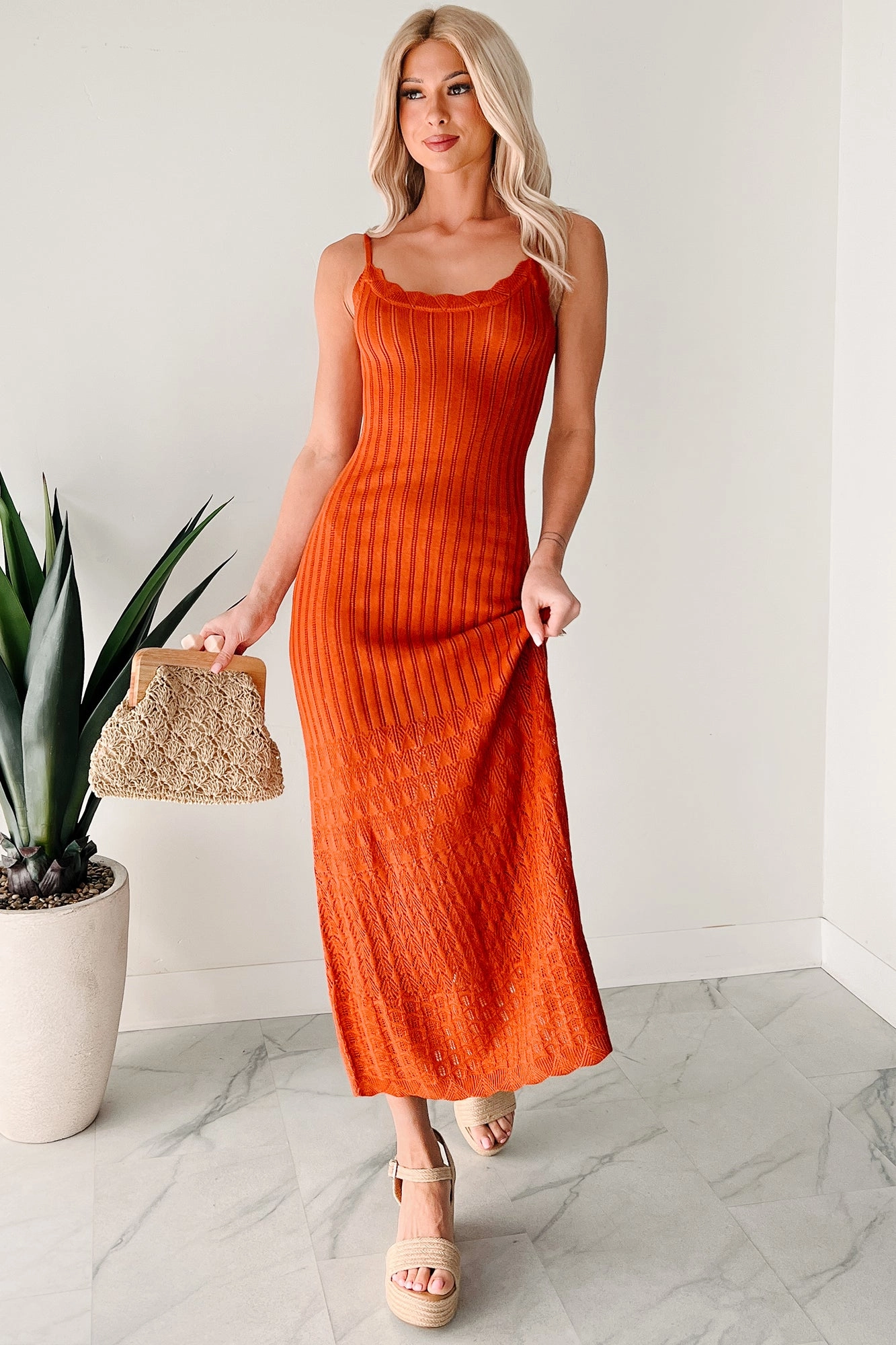 Flowy Dreams Sleeveless Crochet Maxi Dress (Burnt Orange) Polished Edge Layered Look