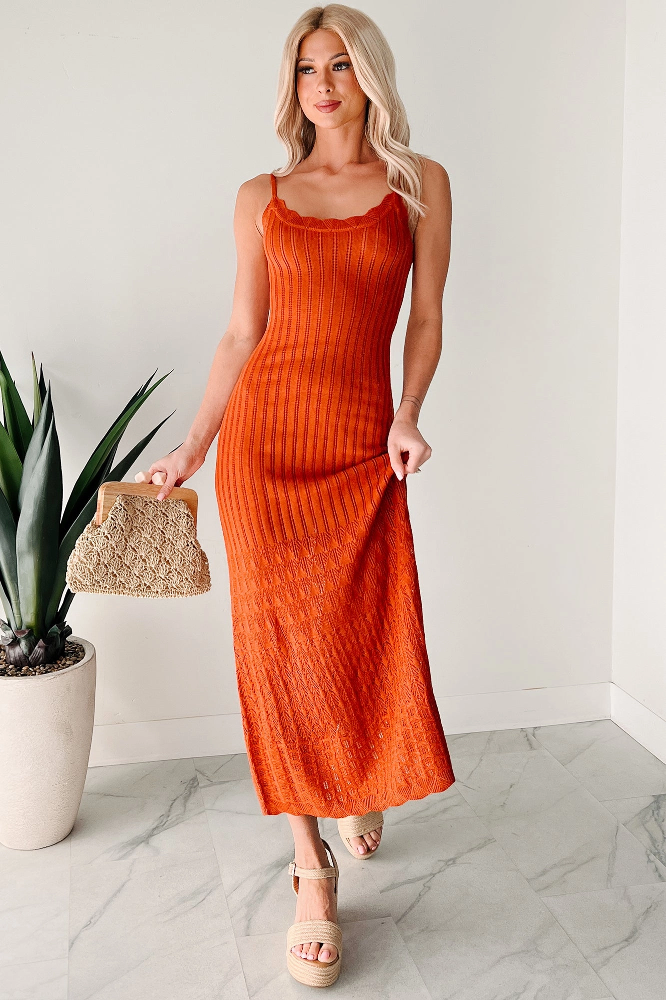 Flowy Dreams Sleeveless Crochet Maxi Dress (Burnt Orange) Clean Comfort