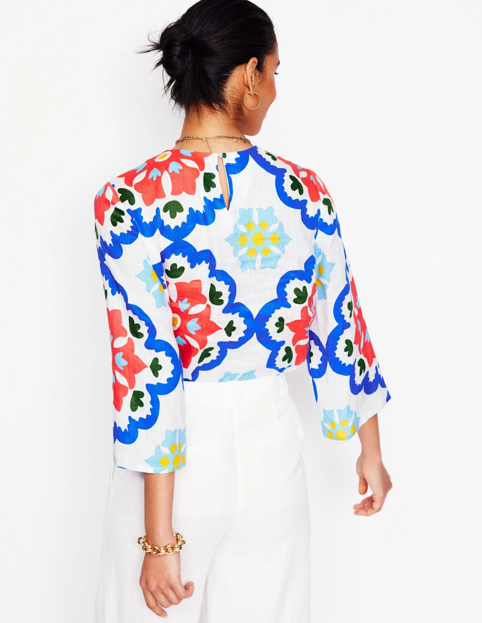 Fluted Sleeve Linen Top-Ivory, Bloom Geo AntiPilling Surface EcoCertified