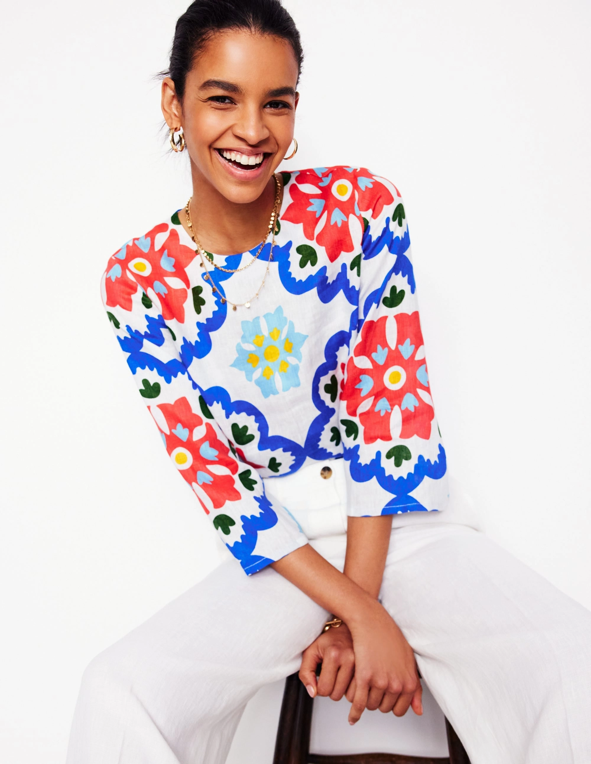 Fluted Sleeve Linen Top-Ivory, Bloom Geo FlexibleCuffs HighElasticity