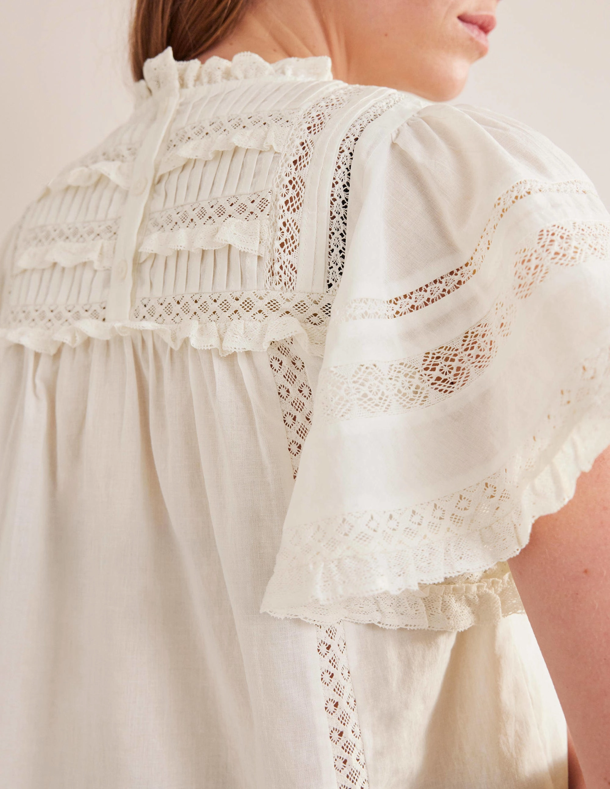 AntiStatic Coating Flutter Sleeve Trim Detail Top-Ivory