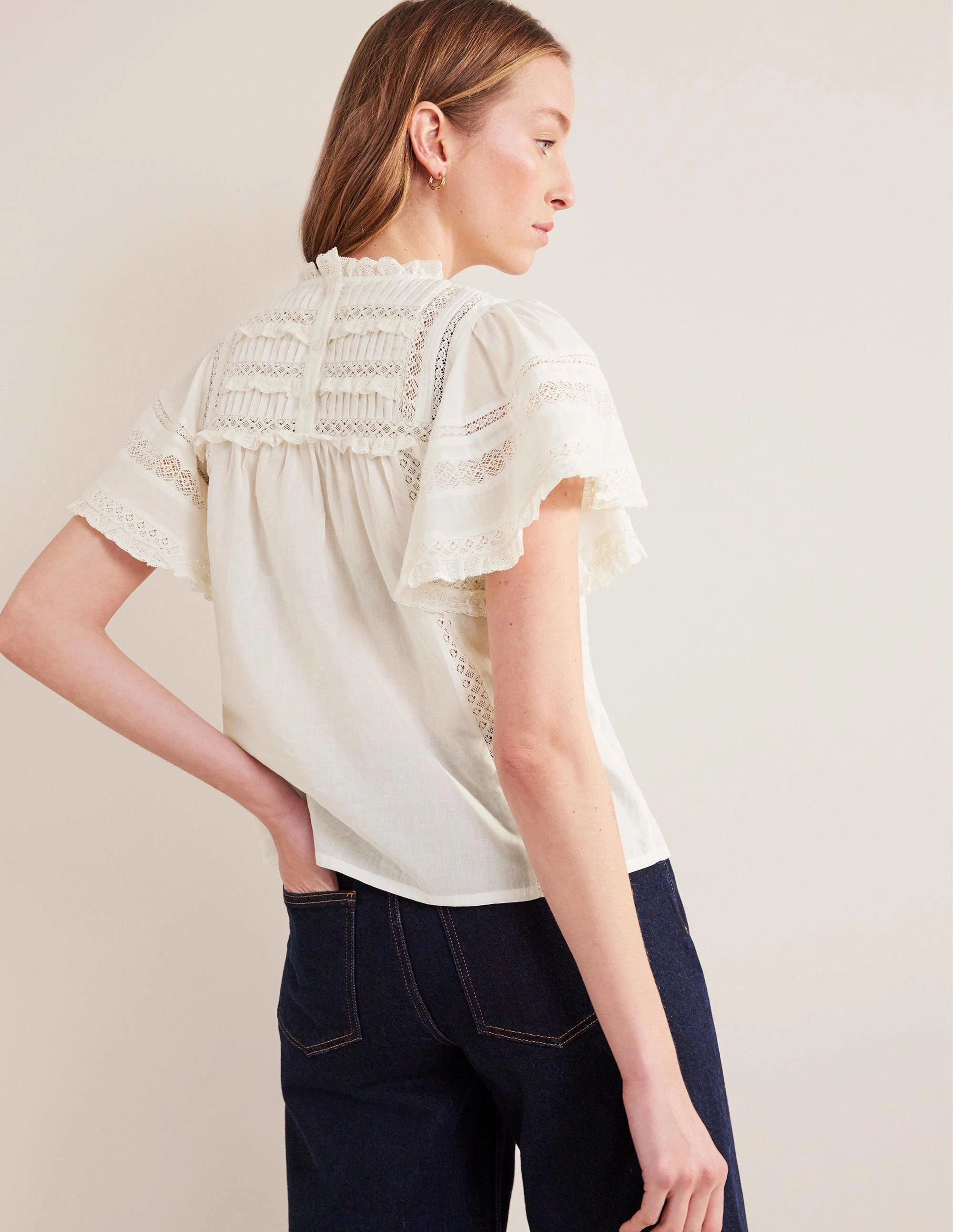 Ventilated Mesh Panels Flutter Sleeve Trim Detail Top-Ivory