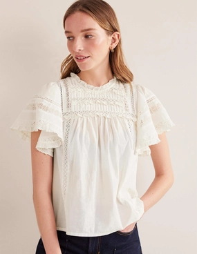 Flutter Sleeve Trim Detail Top-Ivory Soft Wool
