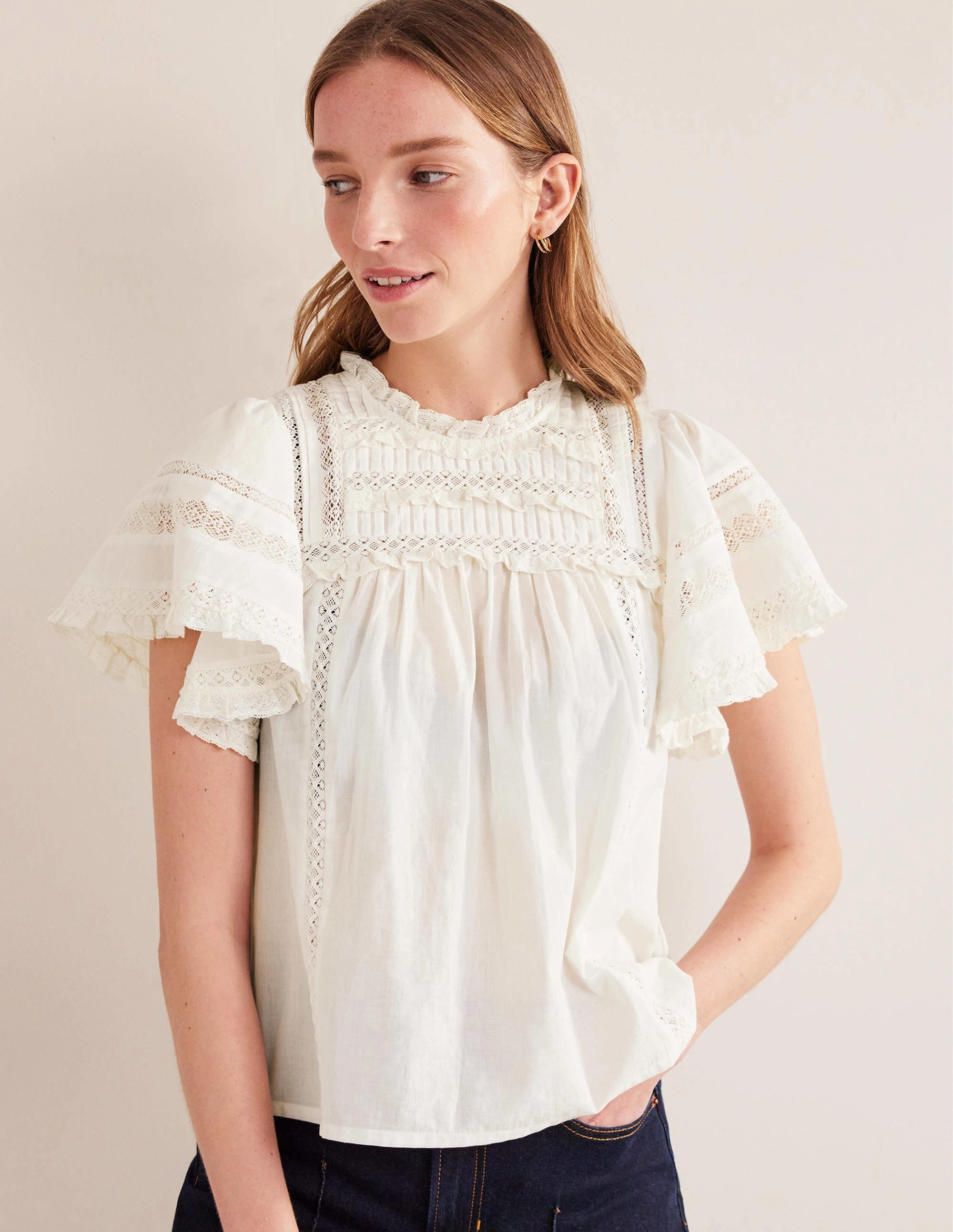 Flutter Sleeve Trim Detail Top-Ivory Soft Wool