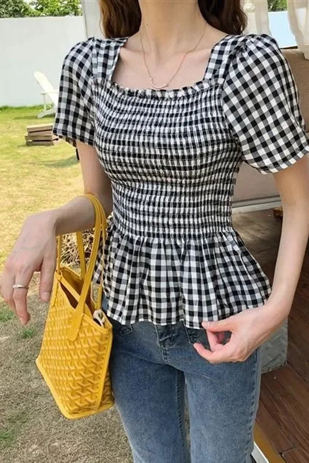 Flytonn-cute winter outfits casual winter outfits christmas outfit party look inspos Short Sleeve Square Collar Plaid Blouse Shirts