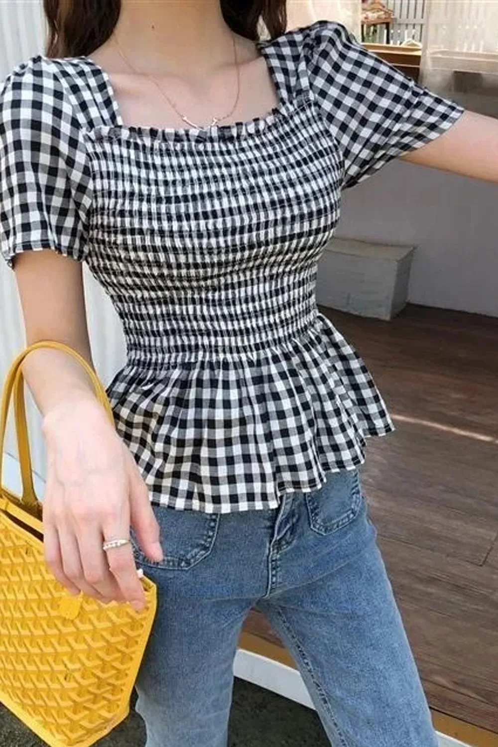 Flytonn-cute winter outfits casual winter outfits christmas outfit party look inspos Short Sleeve Square Collar Plaid Blouse Shirts