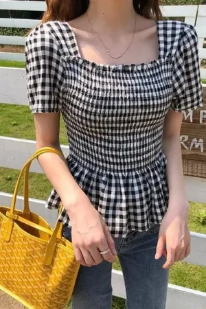 Flytonn-cute winter outfits casual winter outfits christmas outfit party look inspos Short Sleeve Square Collar Plaid Blouse Shirts