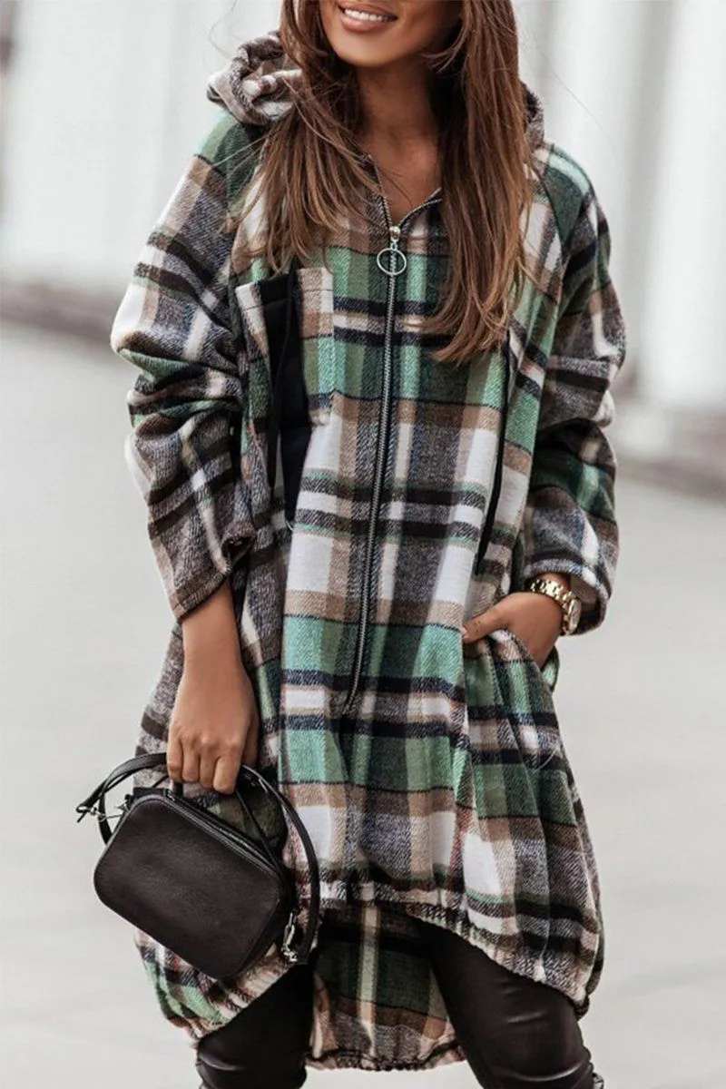 ELASTIC HEM ZIP UP PLAID PATTERN LONG JACKET Tagless Neckline Sporty Hoodie