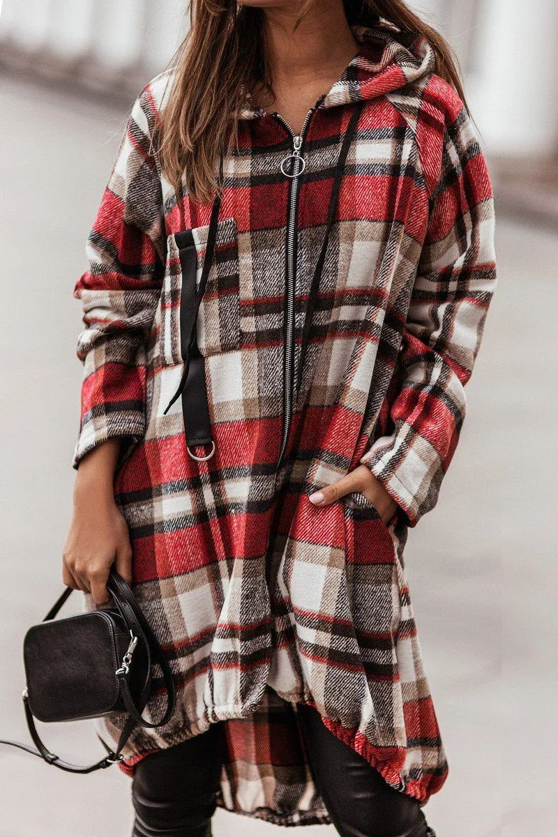 Multi Pocket Functional Design ELASTIC HEM ZIP UP PLAID PATTERN LONG JACKET