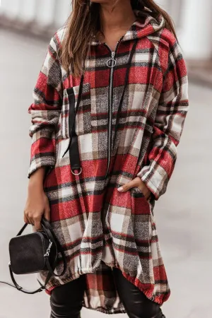 Multi Pocket Functional Design ELASTIC HEM ZIP UP PLAID PATTERN LONG JACKET
