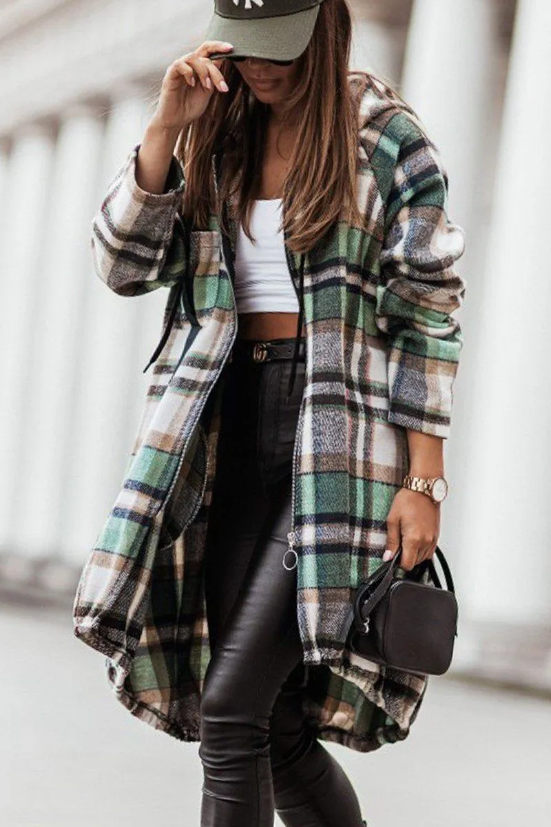 ELASTIC HEM ZIP UP PLAID PATTERN LONG JACKET DurableCollarStays Reinforced Shoulder