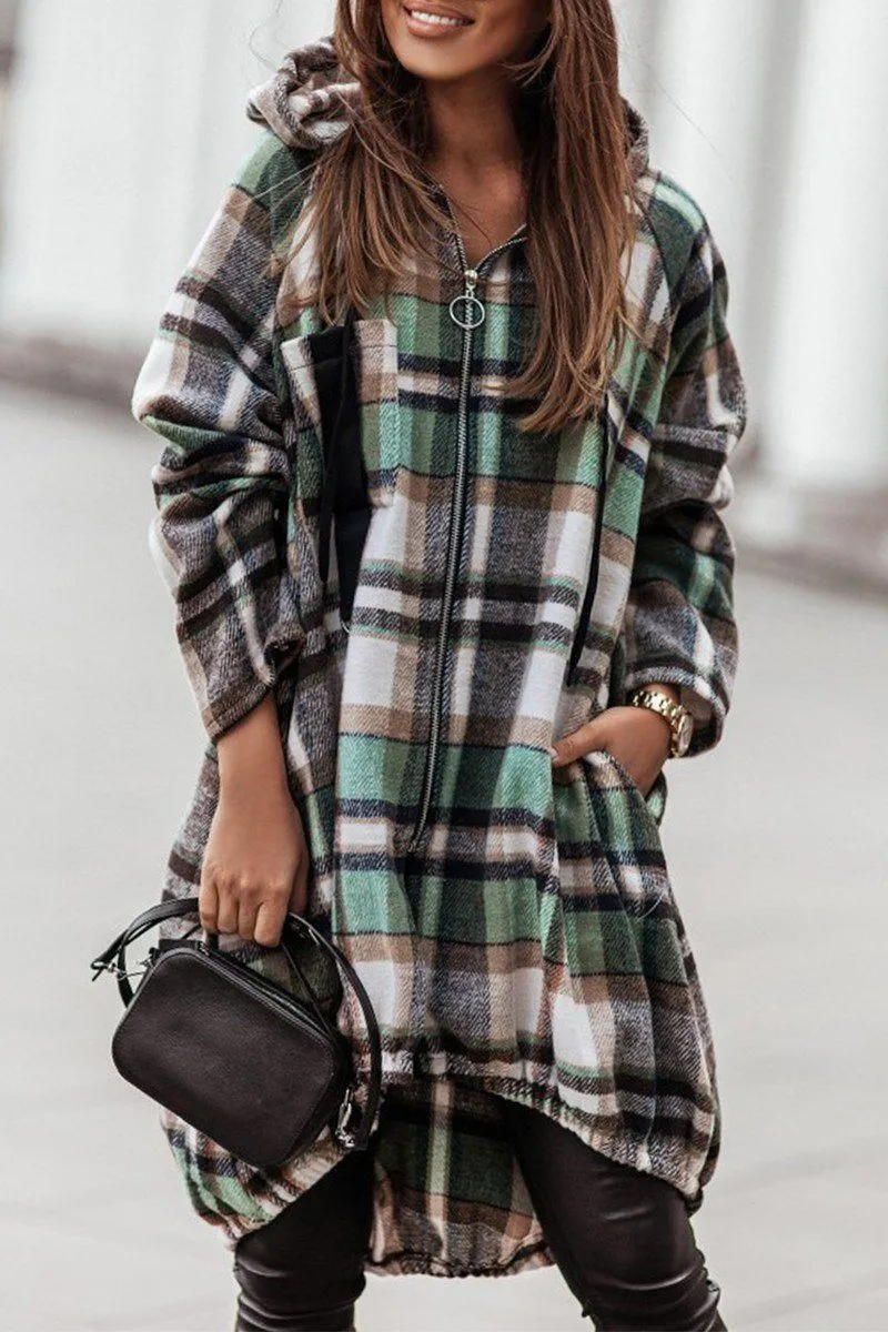ELASTIC HEM ZIP UP PLAID PATTERN LONG JACKET Minimalist Design Bold Patterns