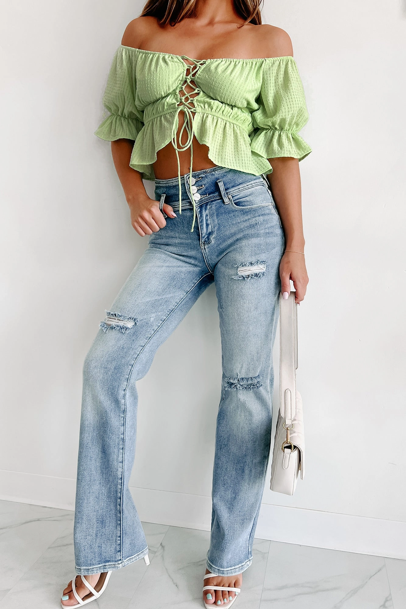 Forever Evolving High Rise Triple-Button Straight Leg Risen Jeans (Light) WrinkleFree Weave ButtonlessClosure