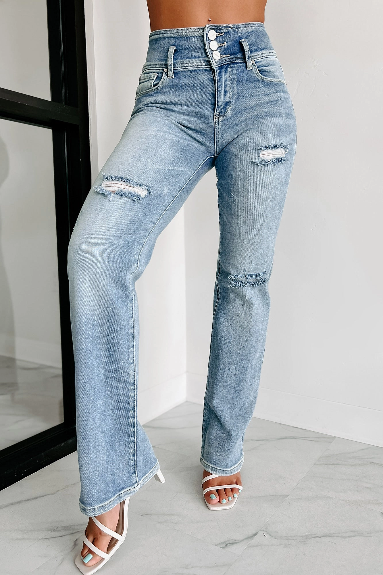 Forever Evolving High Rise Triple-Button Straight Leg Risen Jeans (Light) Organic Cotton Blend ThermalRegulationLayer