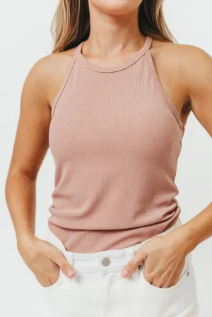 Kenni Ribbed Knit Fitted Tank Top with Rounded Hem in Ginger *Final-Sale* Grid Back Panel