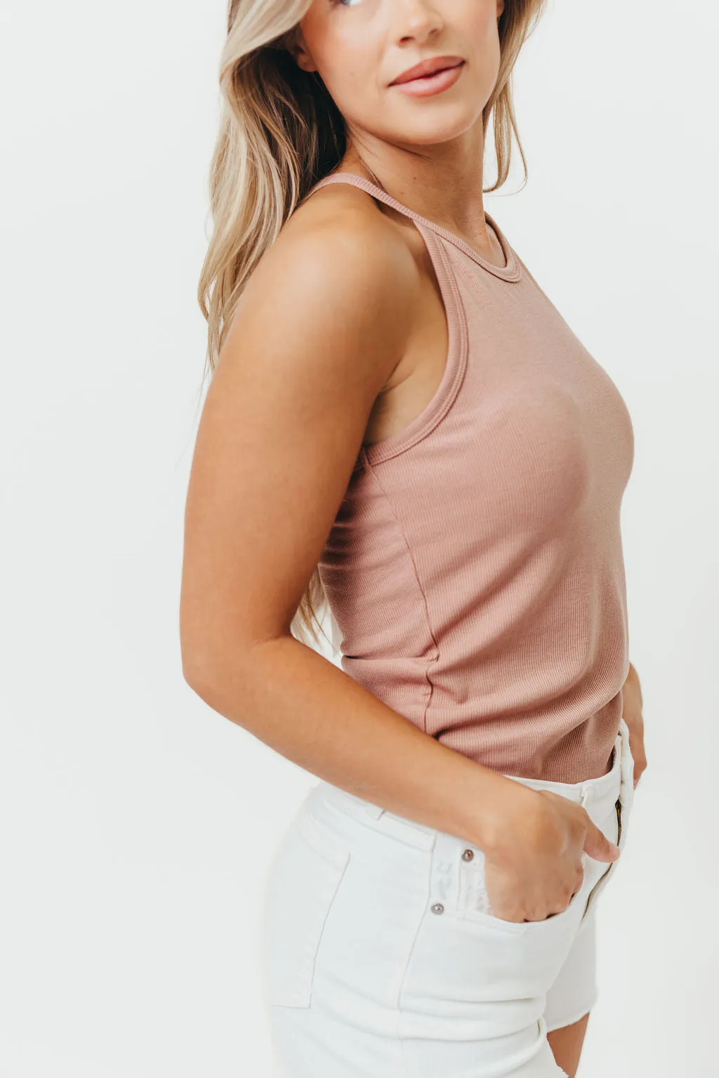 FadeResistant Finish Versatile Shirt Kenni Ribbed Knit Fitted Tank Top with Rounded Hem in Ginger *Final-Sale*